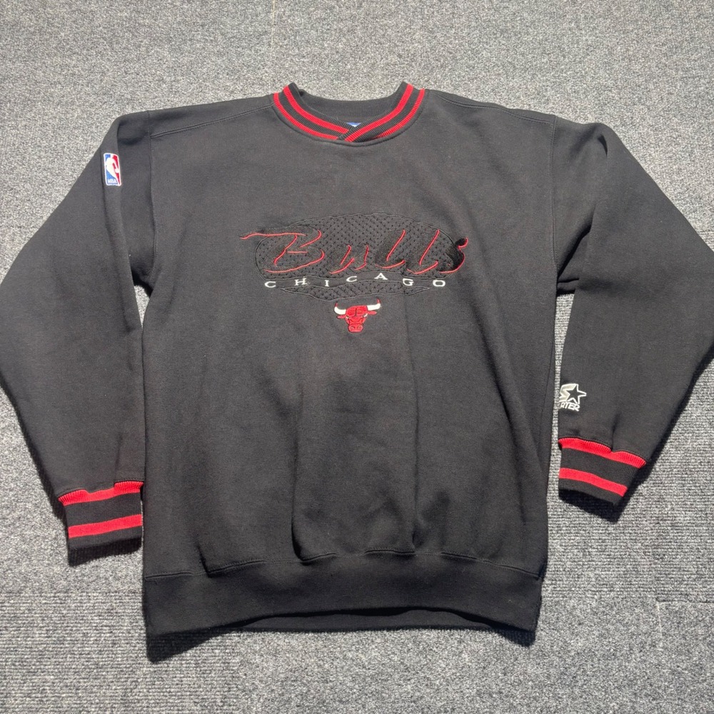 Vintage Starter Chicago Bulls NBA Sweatshirt Black Red Embroidered Mens Medium
